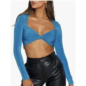 Morning Mist Women's Long Sleeve Crop Top Blouse‎ Blue Size 12 Wrap Around